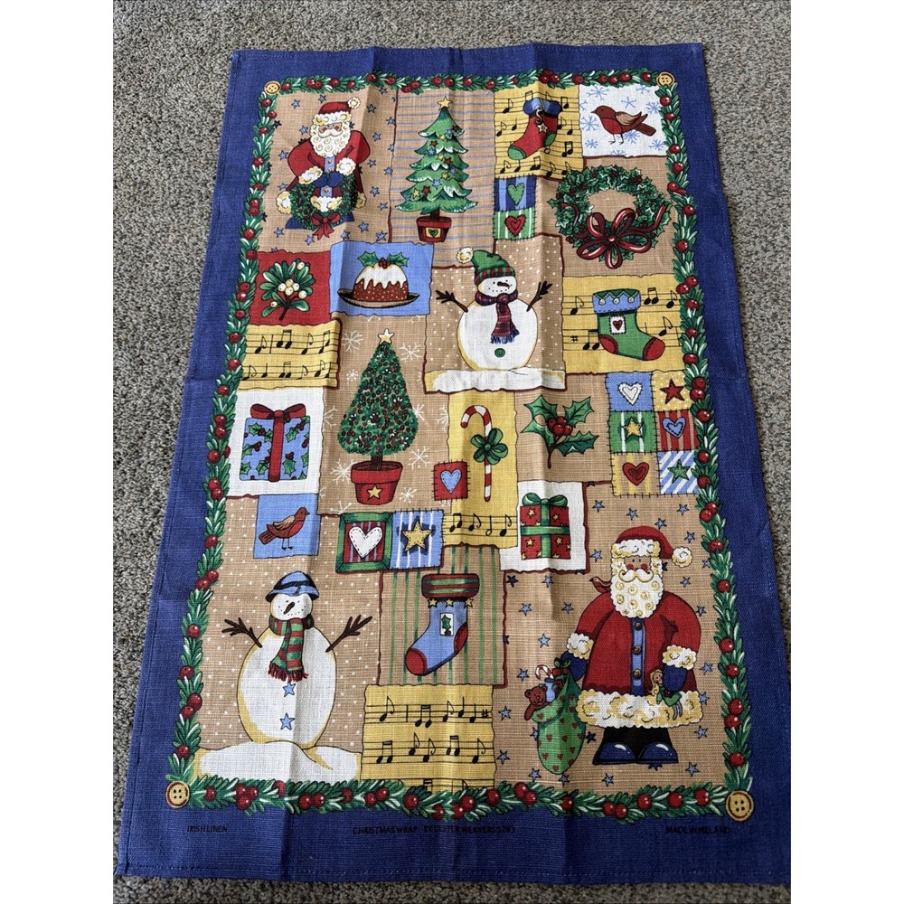 Ulster Weavers Irish Linen Tea Towel "Christmas Wrap" 17"x26" Blue Santa Snowma